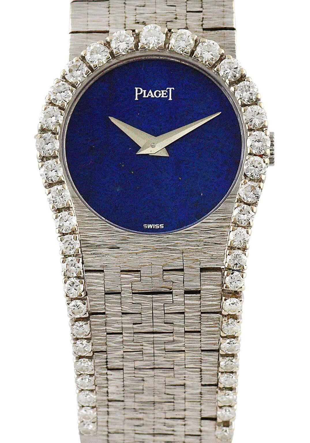 Piaget Ladies White Gold Diamond Lapis Lazuli Mechanical Wristwatch In Excellent Condition In Beverly Hills, CA
