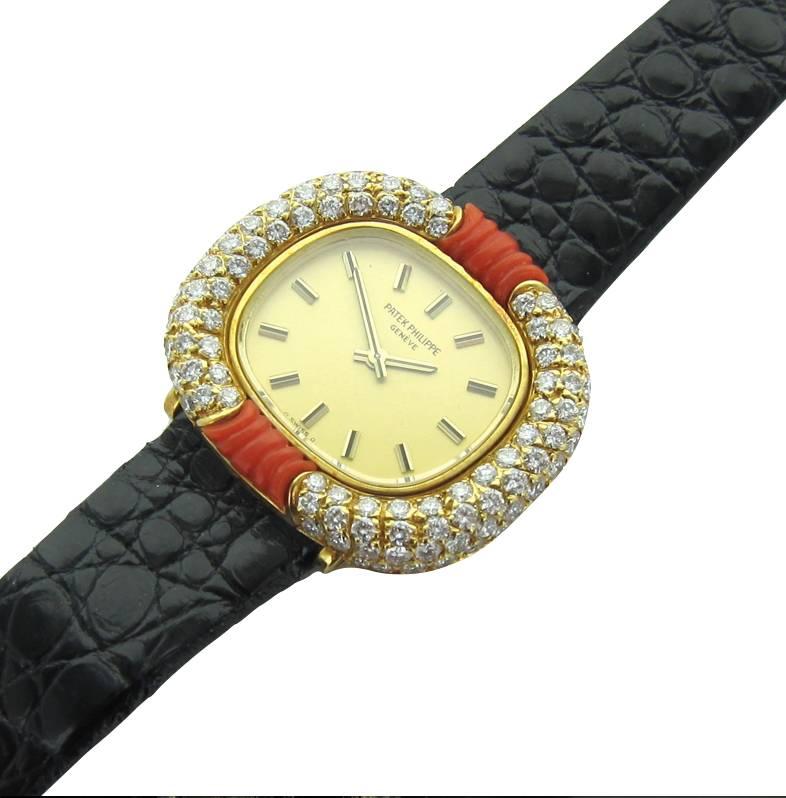 Modern 1970's Patek Philippe Yellow Gold Coral and Diamond Strap Watch Ref. 4287/1