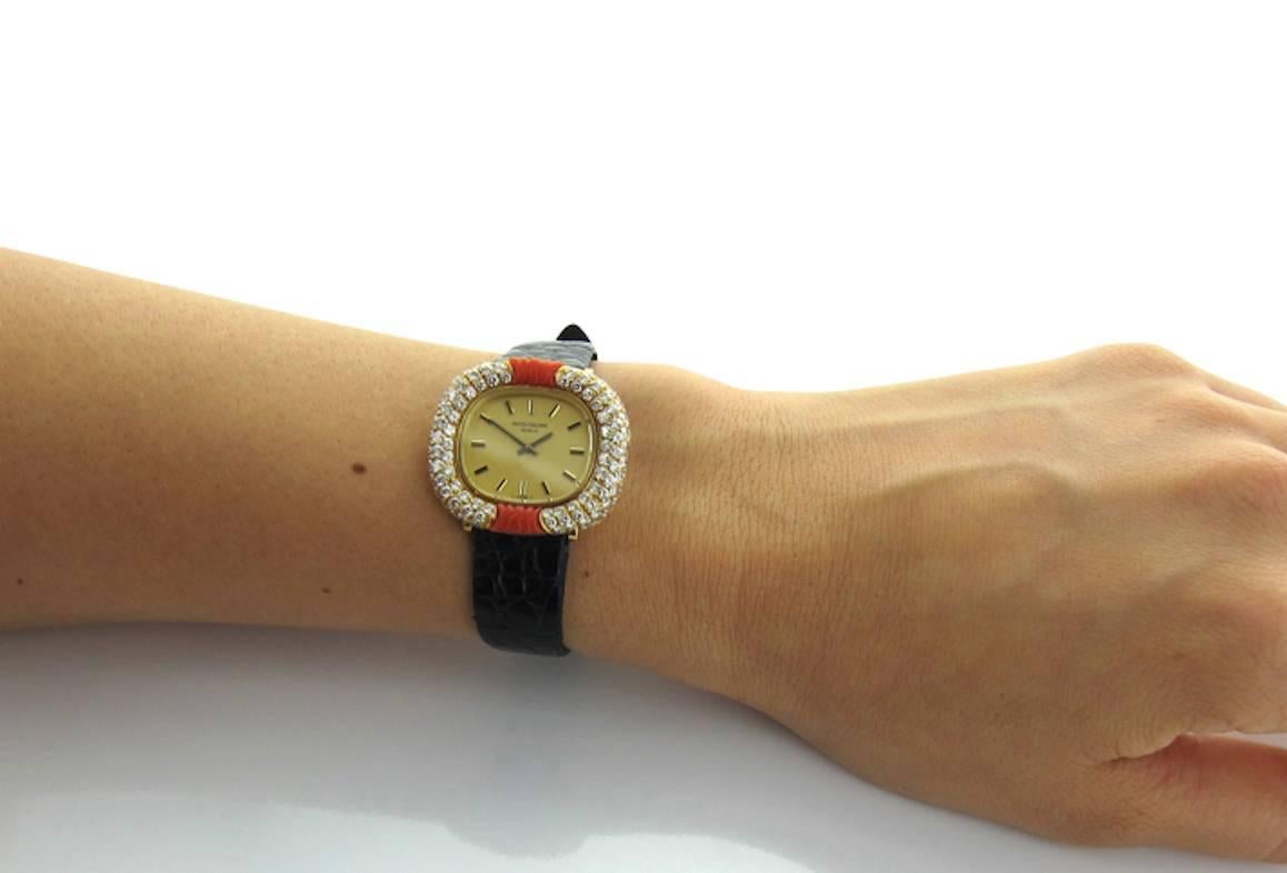 1970's Patek Philippe Yellow Gold Coral and Diamond Strap Watch Ref. 4287/1 In Excellent Condition In Beverly Hills, CA