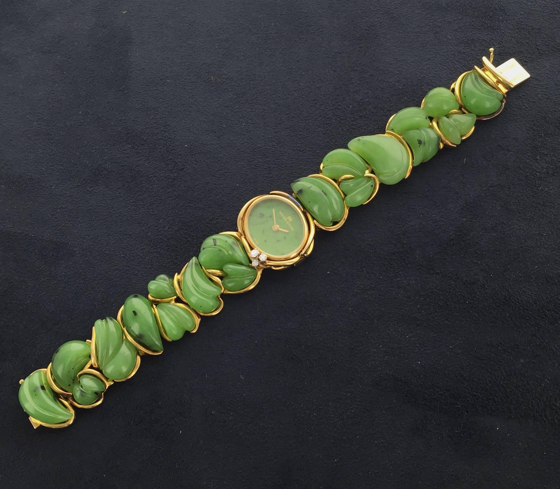 A highly sculptural and unusual carved Nephrite 18k Yellow Gold bracelet watch by Schlegel & Plana. Beautifully hammered gold finish. Designed by esteemed jewelry designer Julia Plana.

Circa Late 1970s.

Mechanical Movement.

