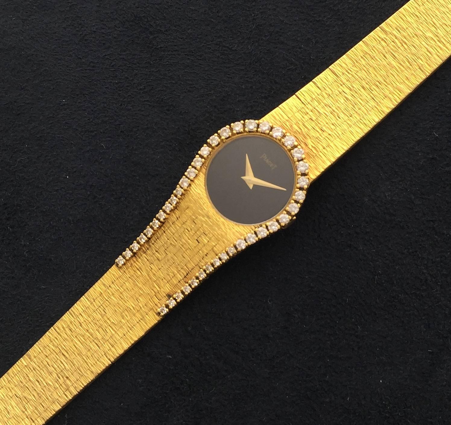 Modernist Piaget Lady's Yellow Gold Diamond Onyx Wristwatch