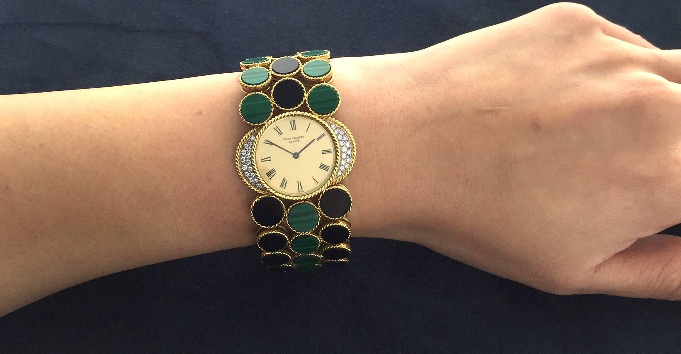 Patek Philippe Yellow Gold Diamond Malachite Onyx Bracelet Wristwatch In Excellent Condition In Beverly Hills, CA