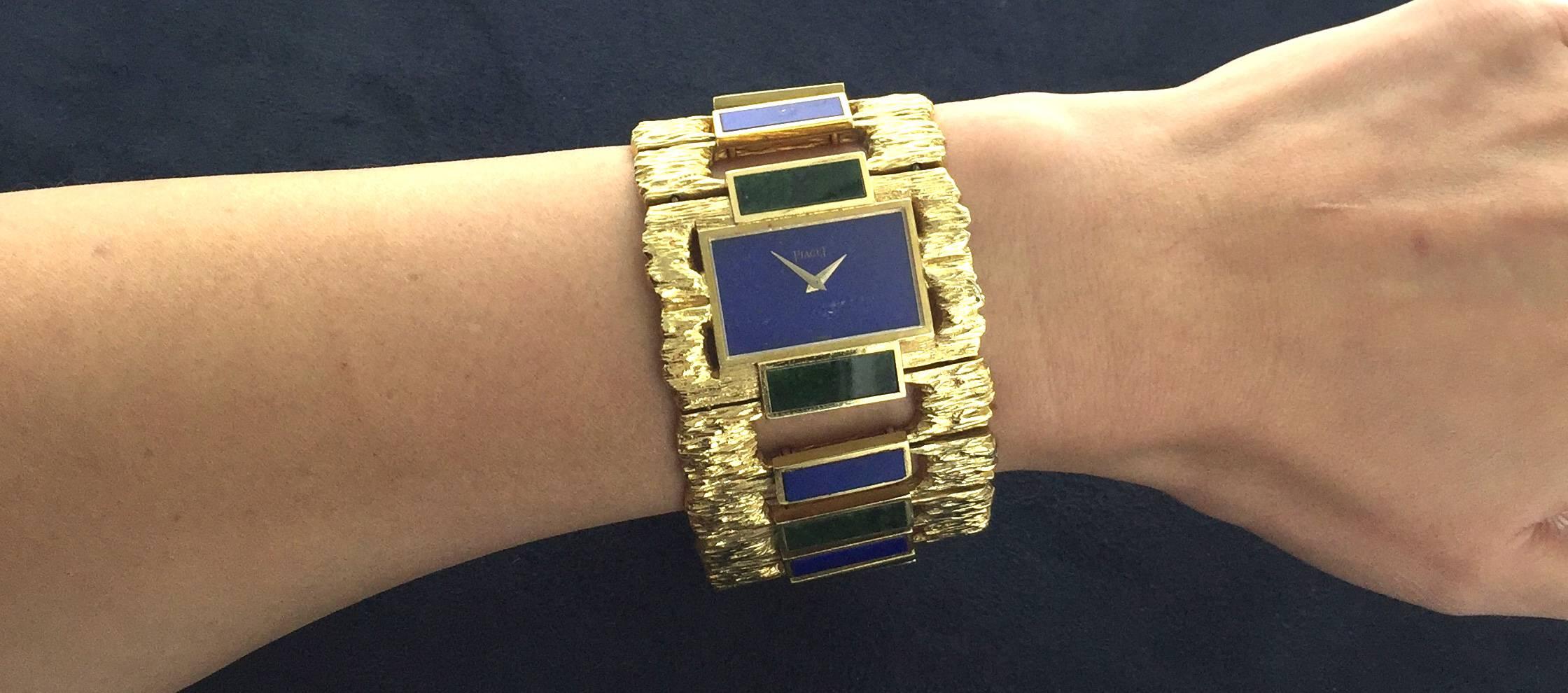 Piaget Lady's Yellow Gold Lapis Lazuli Nephrite Jade Large Bracelet Wristwatch In Excellent Condition For Sale In Beverly Hills, CA