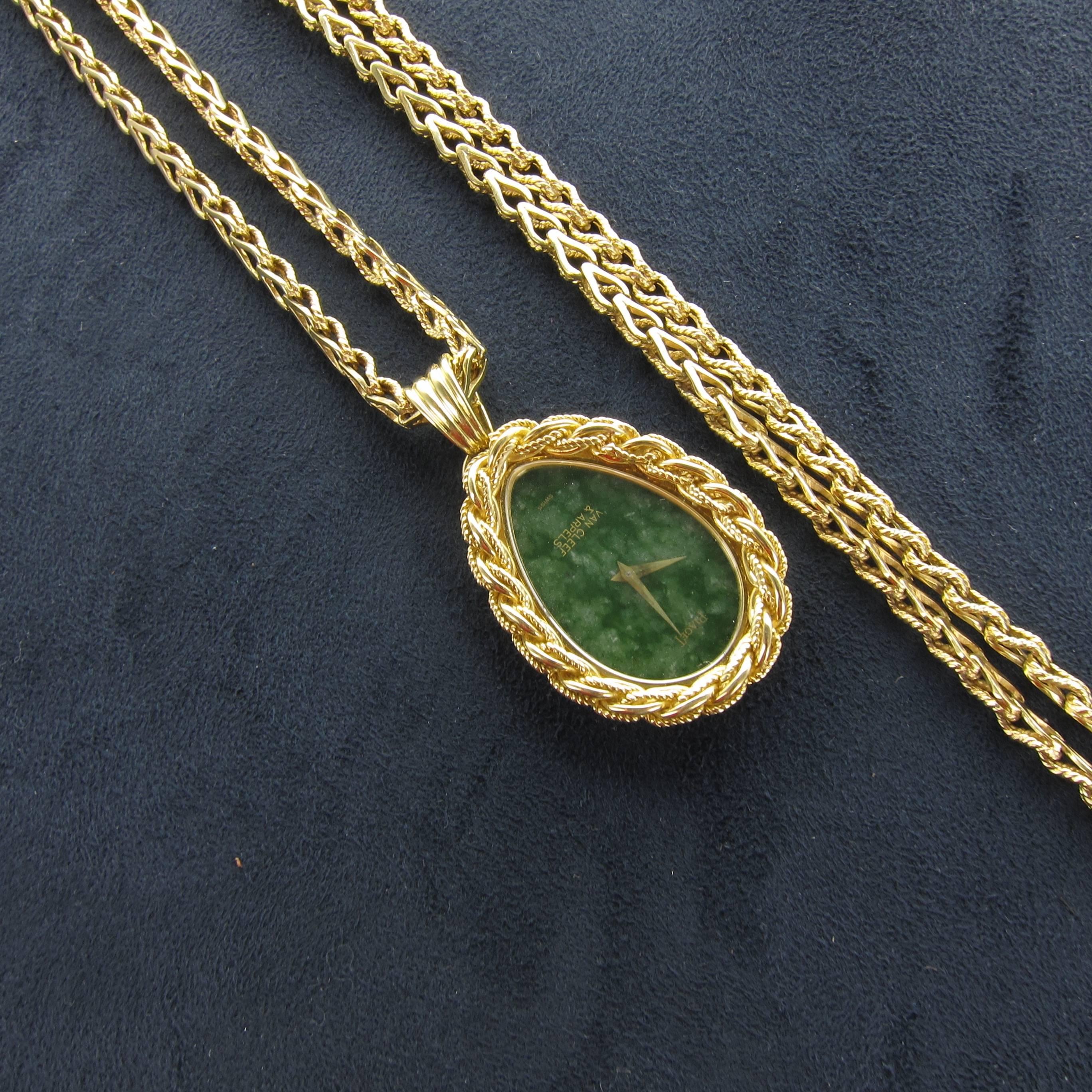 A 1970's Piaget yellow gold woven-link necklace with hanging pendant watch. Retailed by Van Cleef & Arpels. Nephrite Jade dial signed Piaget and Van Cleef & Arpels.

Mechanical Movement