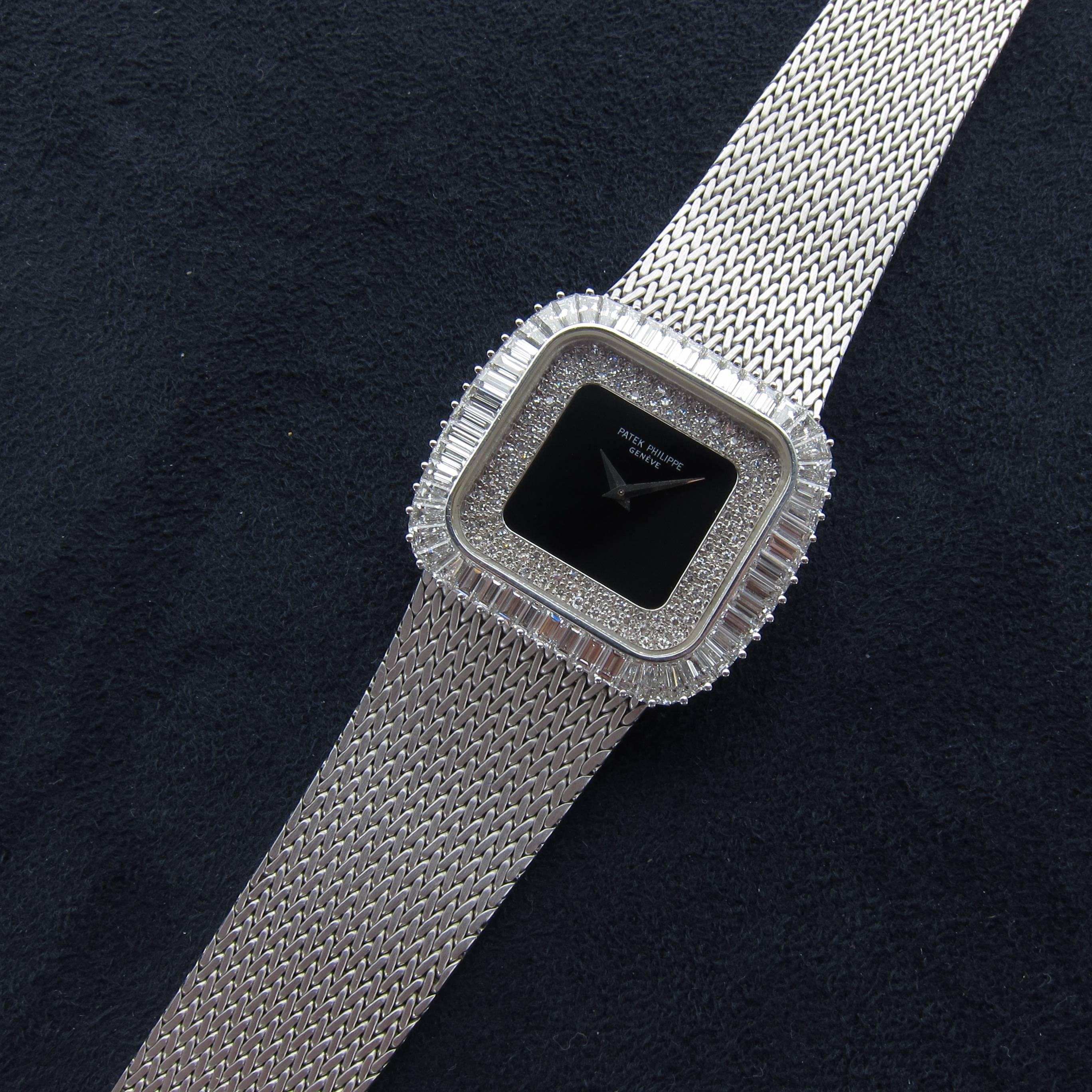 Modern Patek Philippe White Gold Baguette Diamond Onyx Bracelet Wristwatch