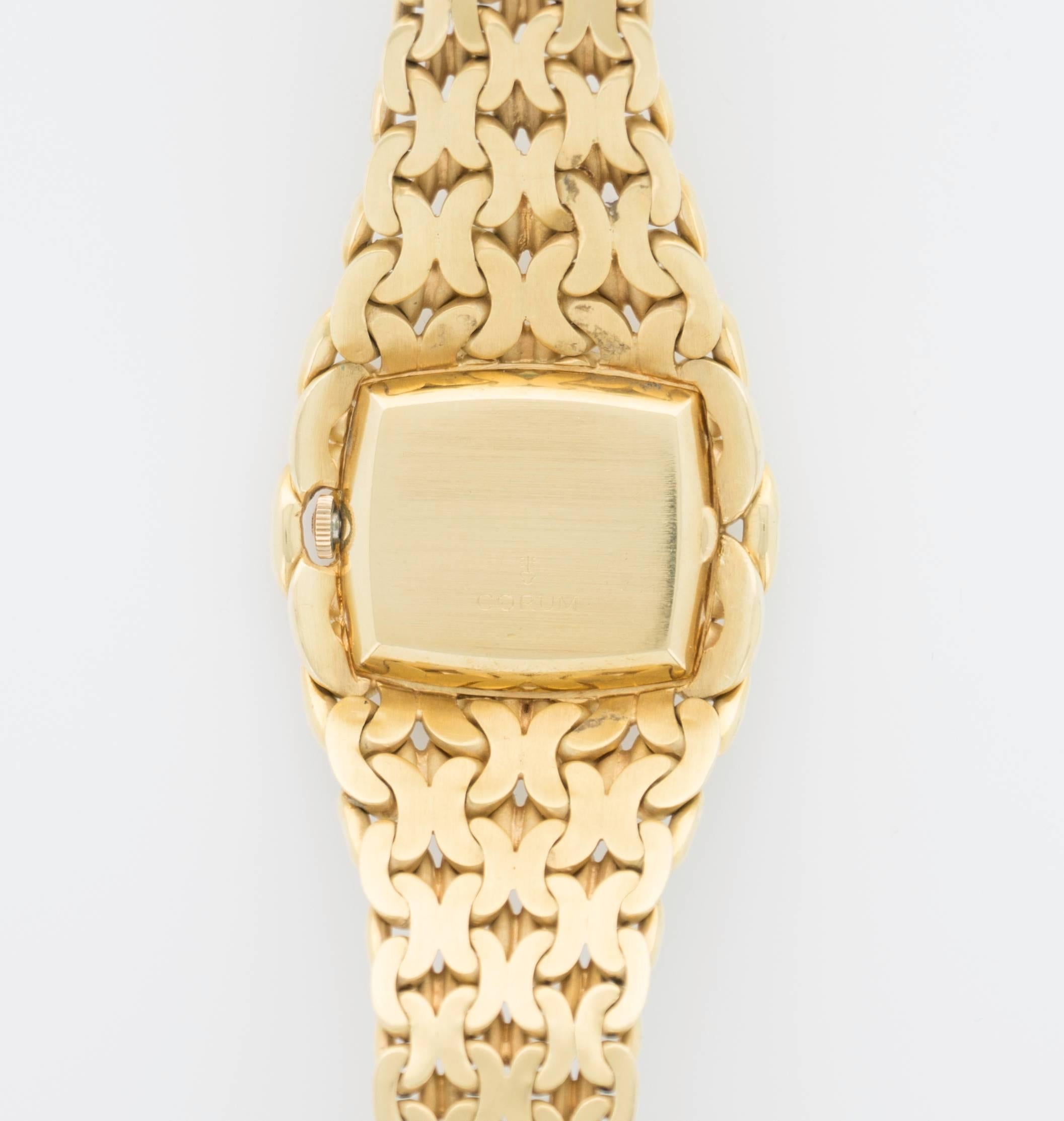 Corum Ladies Yellow Gold Peacock Feather Woven-Link Bracelet Wristwatch In Excellent Condition For Sale In Beverly Hills, CA