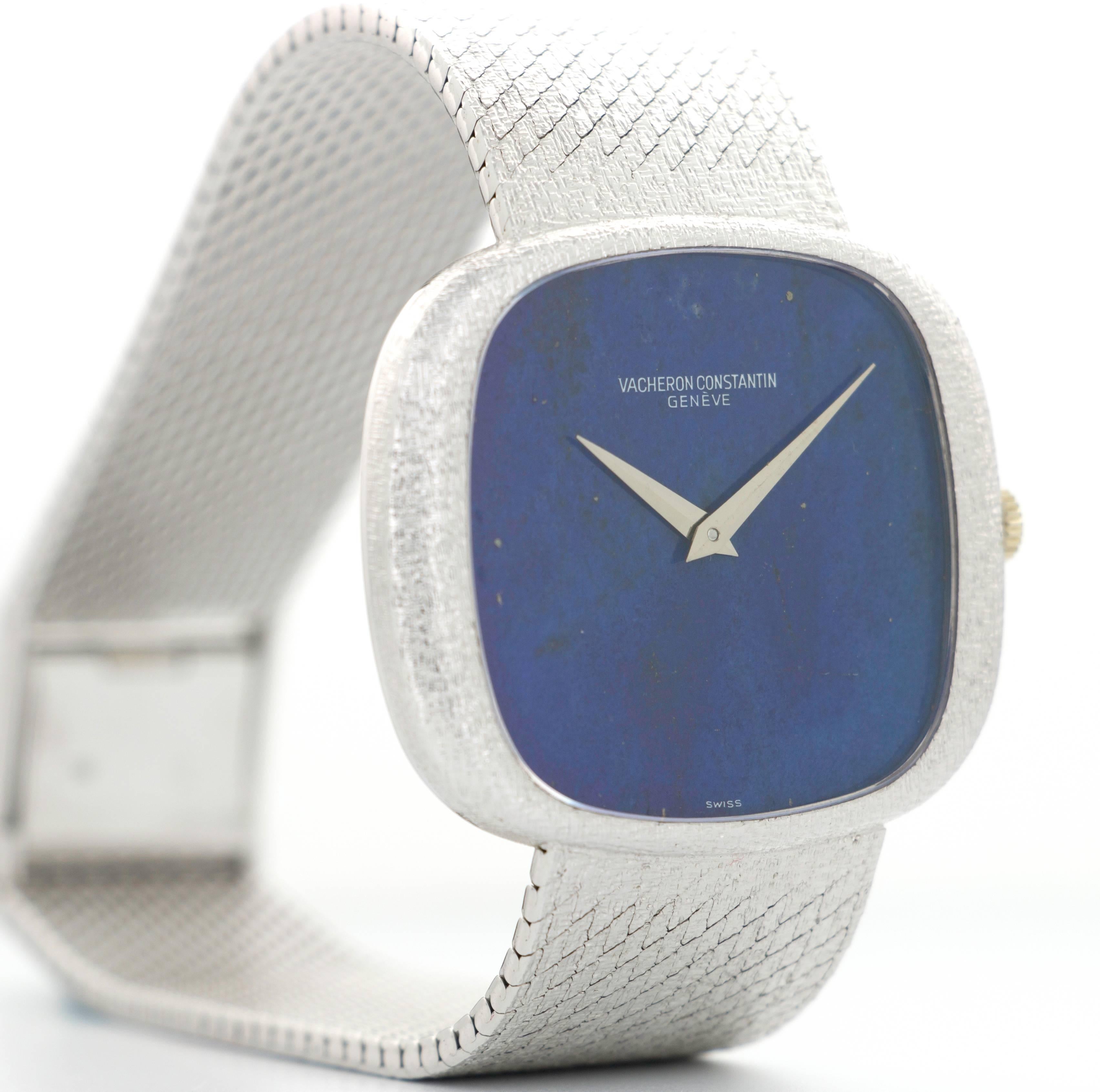 An oversized 18k white gold bracelet watch with Lapis Lazuli dial by Vacheron Constantin. Cushion-shaped case with hand-finished gold bezel and integrated bracelet. 

Mechanical Movement. 

1970's.