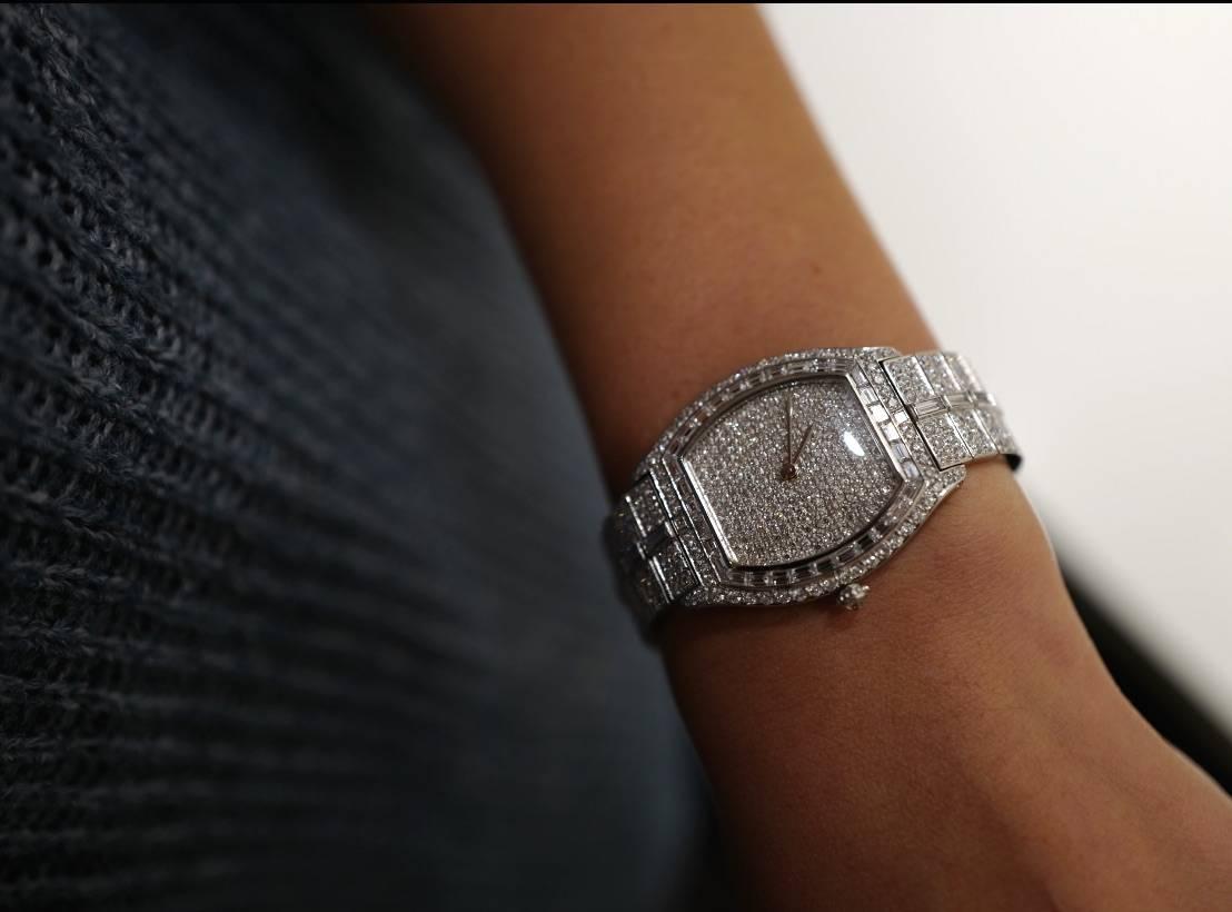 Lady's Cartier Platinum Tortue Full Diamond Bracelet Watch  In New Condition For Sale In Beverly Hills, CA