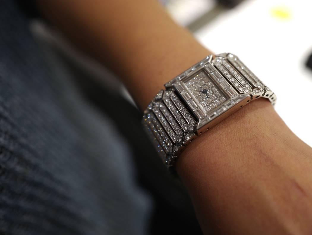 A Lady's Platinum Cartier Wide Bracelet Full Diamond Wristwatch In New Condition In Beverly Hills, CA