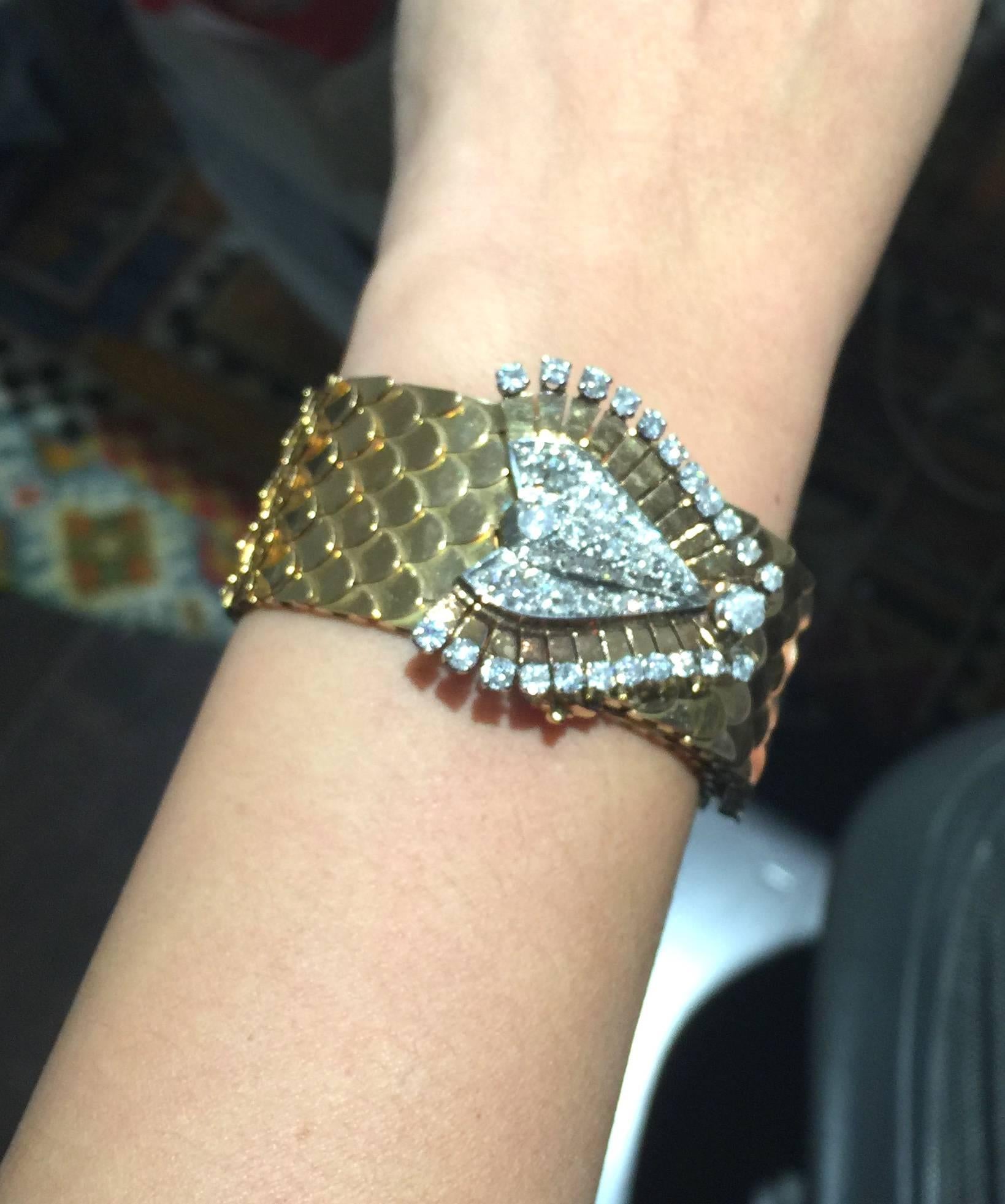  French 1940's Retro Diamond Gold Buckle Bracelet In Excellent Condition For Sale In Beverly Hills, CA