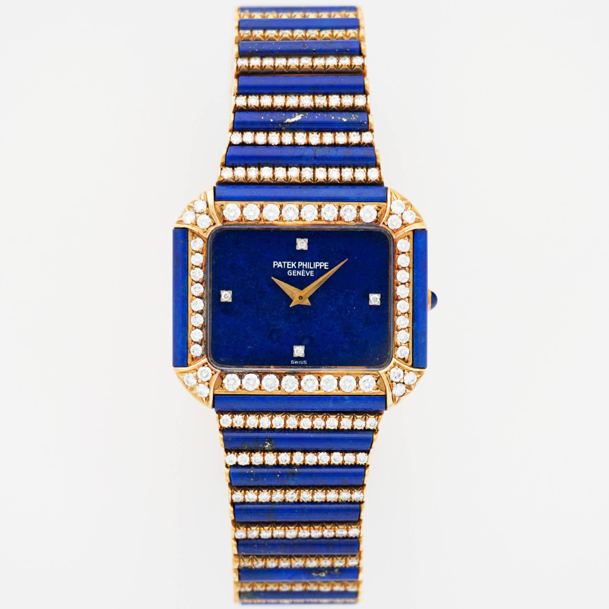 An Incredibly Rare and Unsual Lapis and Diamond Wristwatch, Ring, and Earrings Set by Patek Philippe. Accompanied by the Extract from the Patek Archives confirming the date of production in 1977 and its subsequent sale in March 1978. 

Manual