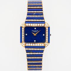 Patek Philippe Yellow Gold Lapis and Diamond Watch, Earrings, and Ring Set