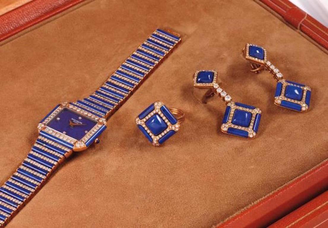 Patek Philippe Yellow Gold Lapis and Diamond Watch, Earrings, and Ring Set In Excellent Condition In Beverly Hills, CA
