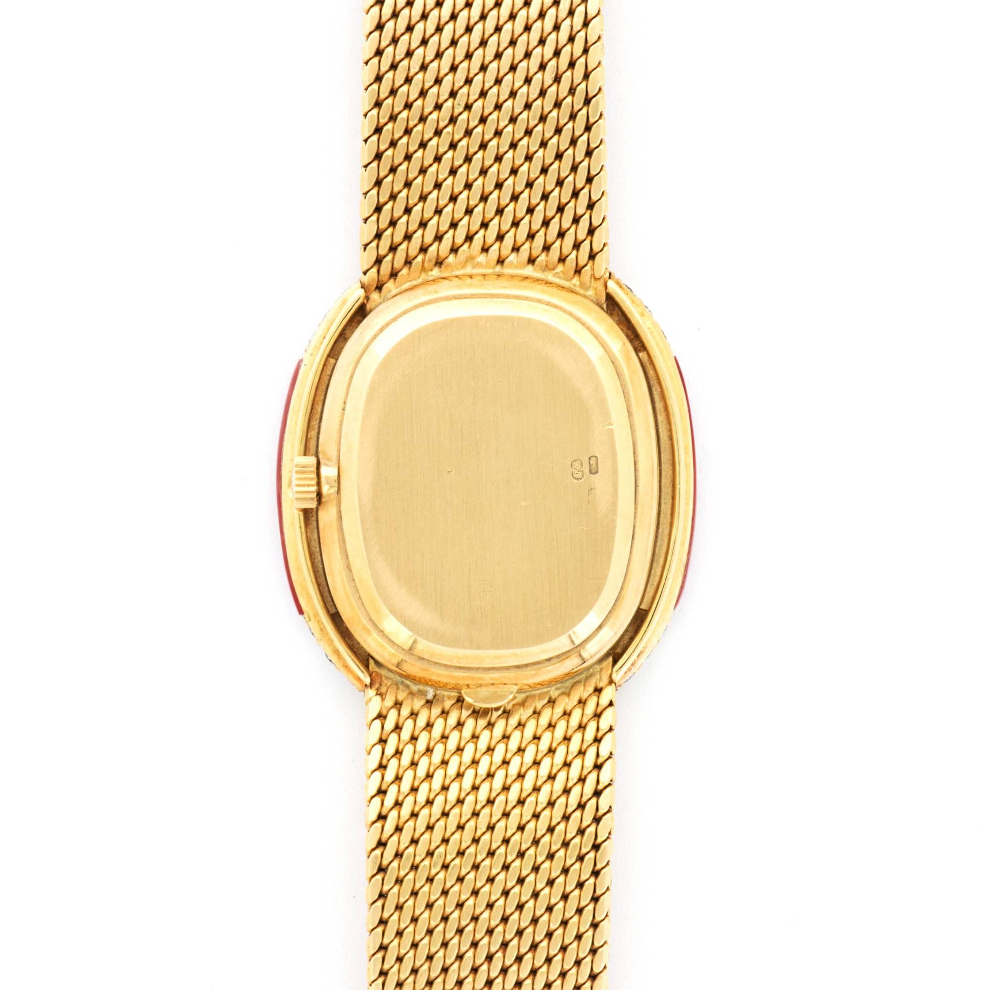 Modernist Patek Philippe Yellow Gold Diamond Coral Onyx Manual Wind Wristwatch