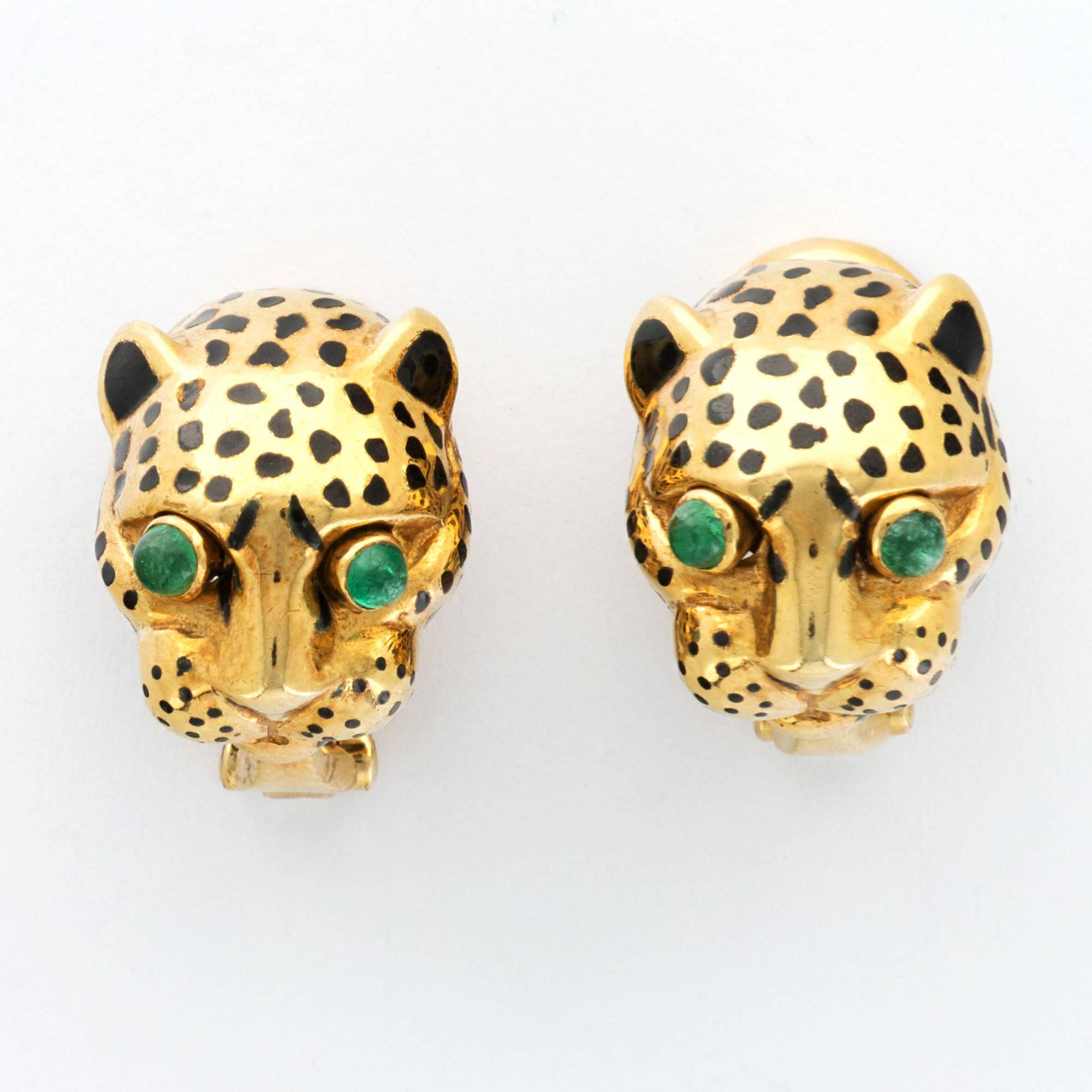 A Pair of David Webb Panther Earrings Mounted in 18k Yellow Gold. Green . Black Enamel. Stamped with Markers Marks, "WEBB"