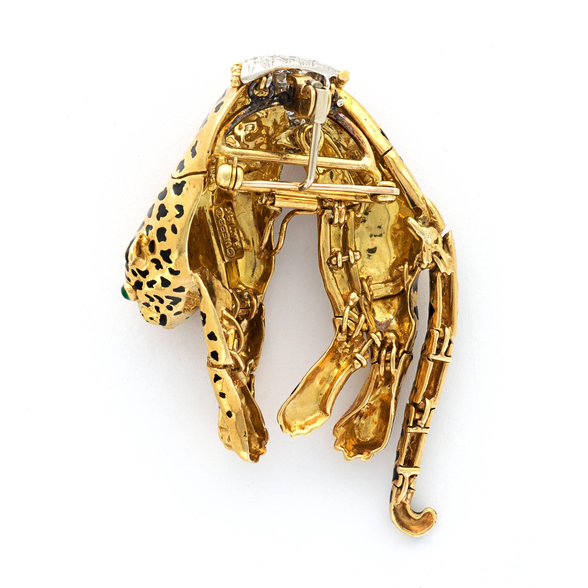 David Webb Enamel Diamond Spots Gold Panther Brooch In Excellent Condition For Sale In Beverly Hills, CA