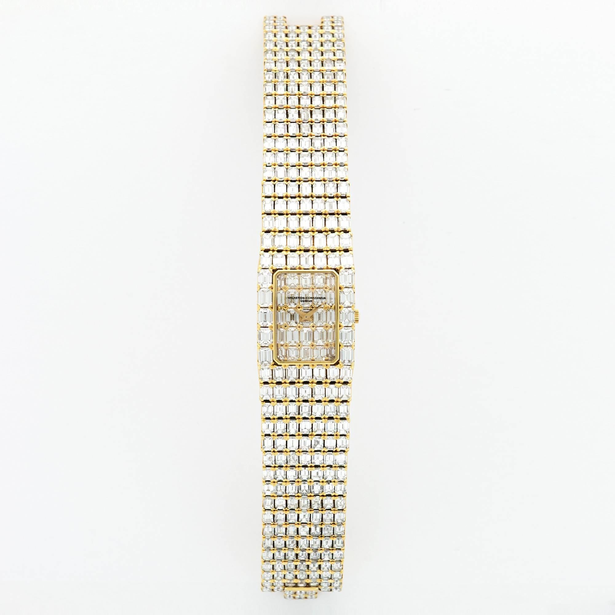 An Extraordinary Yellow Gold Full Emerald-Cut Diamond Bracelet "Lord Kalla" Wristwatch, by Vacheron Constantin. All Original Diamond Settings. Manual Wind Movement. A Truly Magnificent Timepiece.
