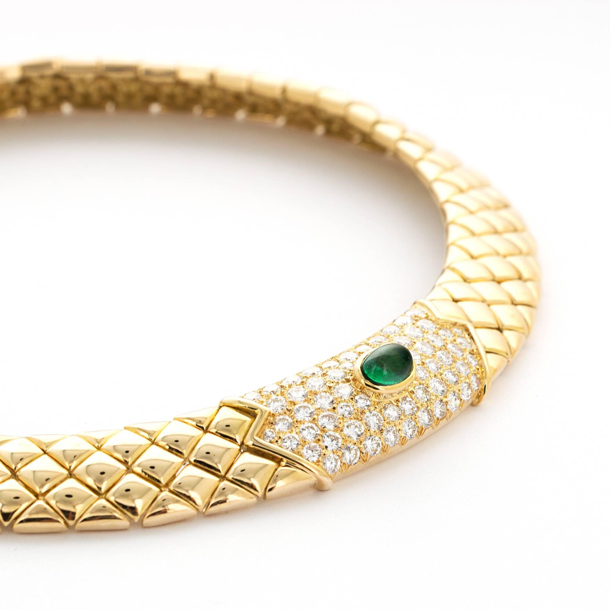 An 18k Yellow Gold Choker Necklace with Pave Diamonds and Cabochon Emerald by Van Cleef & Arpels. Very Finely Made Piece by One of the Best Jewelers in the World. Made in France.