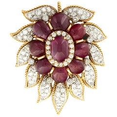 Van Cleef & Arpels Paris Diamond Ruby Cabochon Gold Leaf Brooch