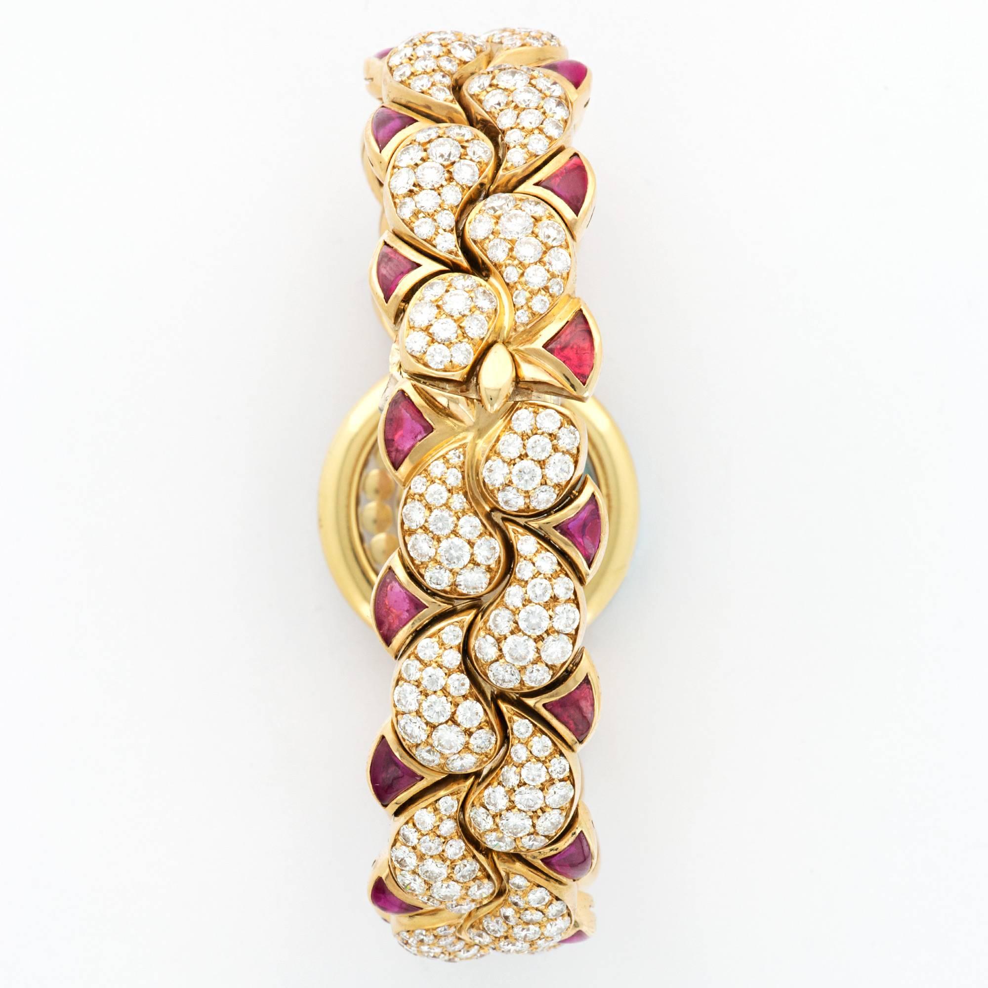 Chopard Yellow Gold Happy Diamond Ruby Bracelet Wristwatch In Excellent Condition In Beverly Hills, CA