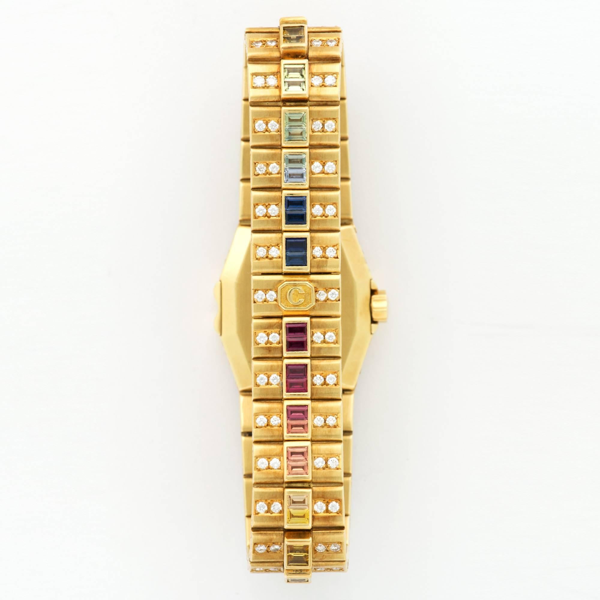 Modern Chopard Yellow Gold Diamond Multicolor Rainbow Sapphire St. Moritz Wristwatch For Sale