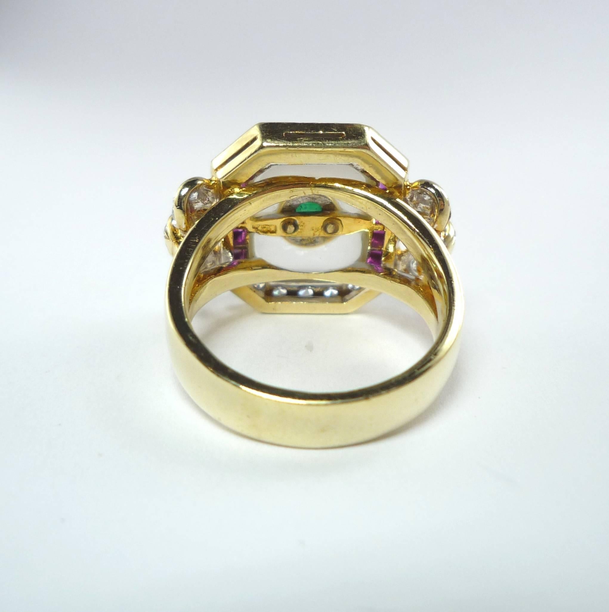 Women's Rock Crystal Emerald White Diamond Ruby Yellow Gold Cocktail Ring