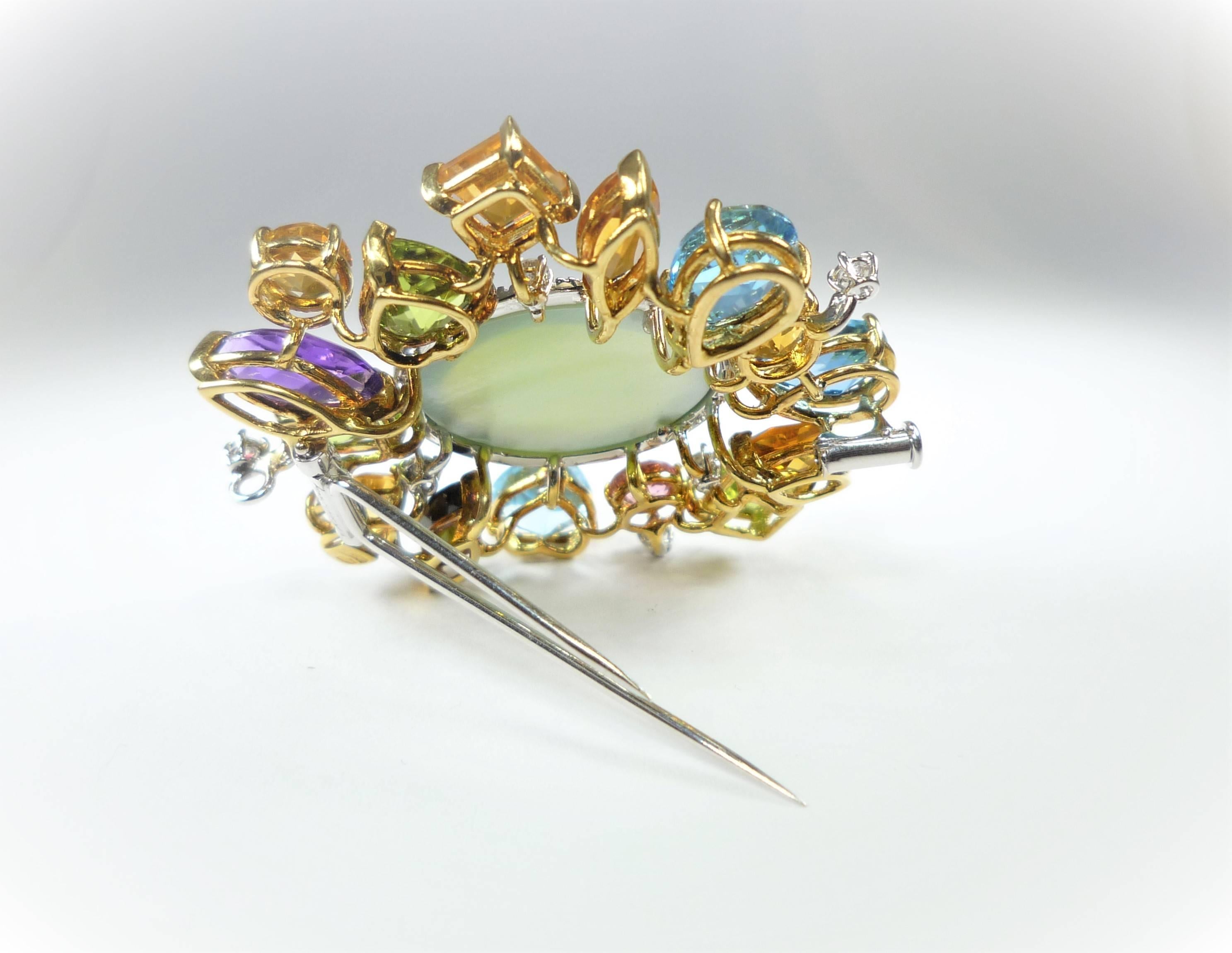 Women's or Men's Yellow Gold Brooch with Various Colorful Gemstones