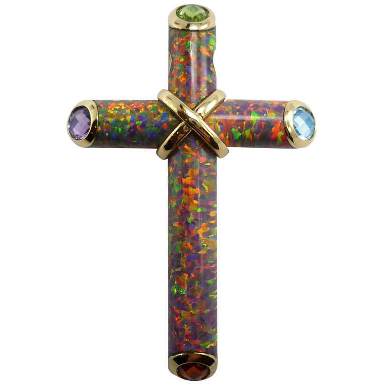 Friedrich  Unique Multi-Coloured Opal Gold Crucifix Pendant