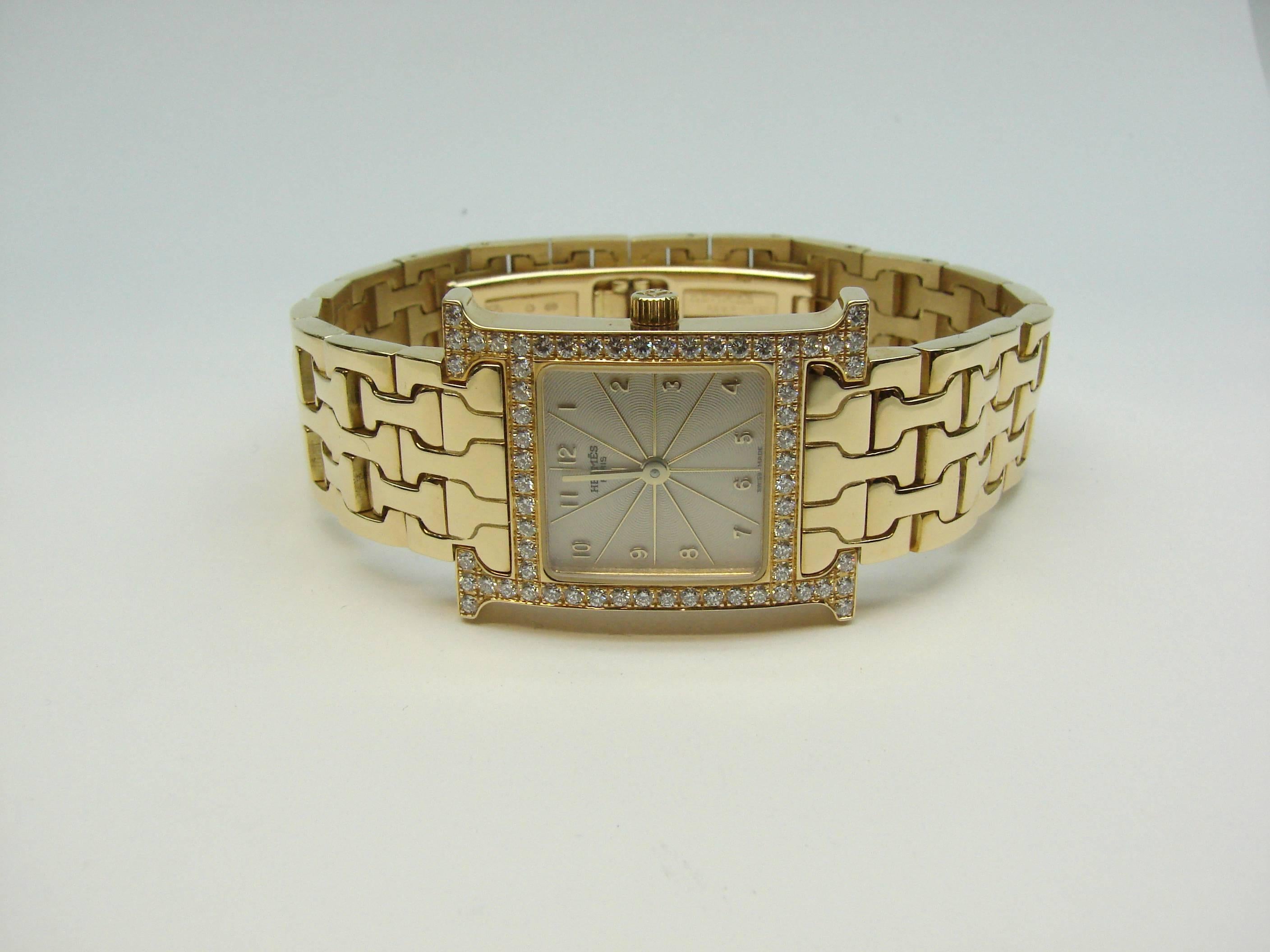 Art Deco Hermes Lady's Yellow Gold Diamond Heure H Quartz Wristwatch