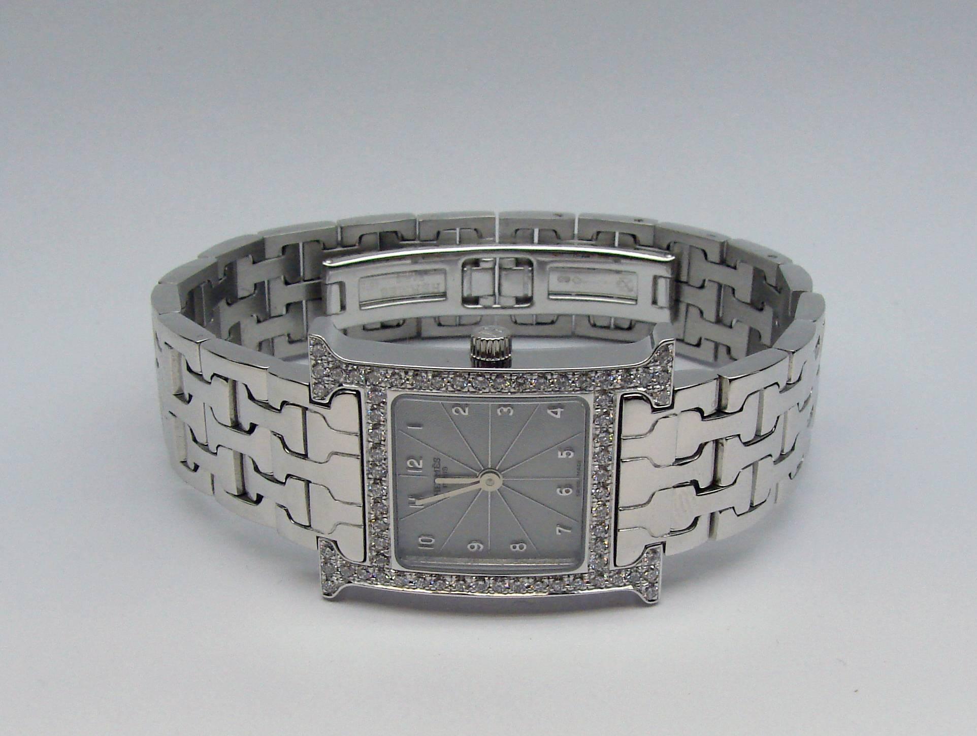 Art Deco Hermes Lady's White Gold Diamond Heure H Quartz Wristwatch