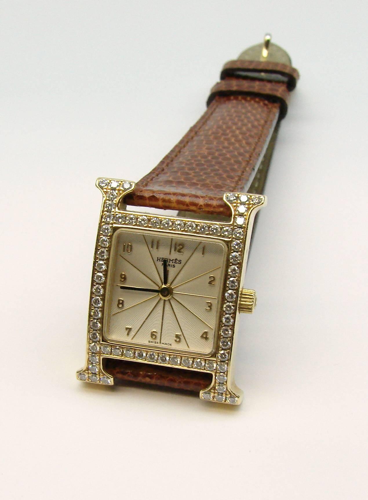 Art Deco Hermes Ladies Yellow Gold Diamond Heure H Quartz Wristwatch