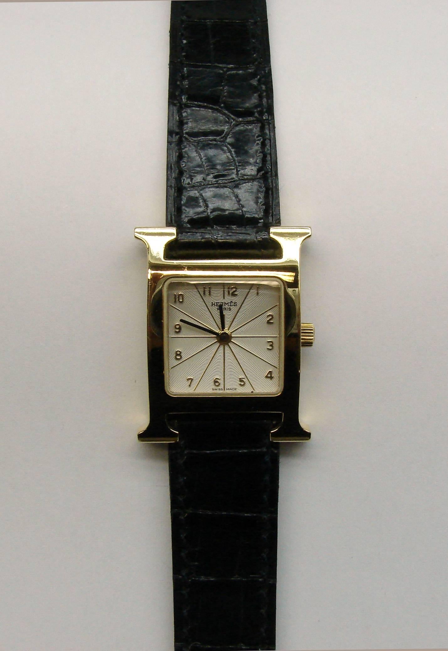 Art Deco Hermes Ladies Yellow Gold Heure H Quartz Wristwatch