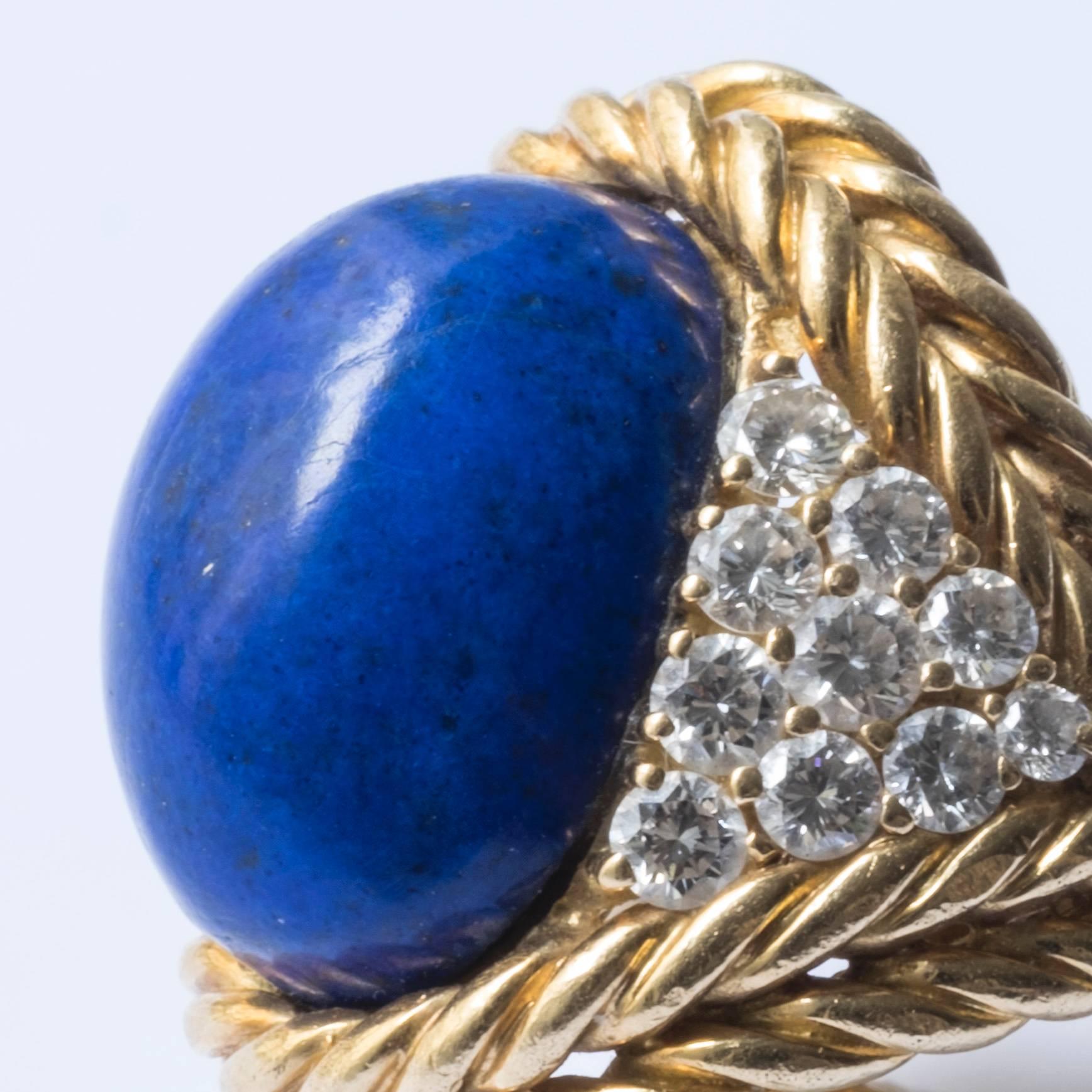 1970s Boucheron Paris Cabochon Lapis Lazuli Diamond Gold Ring  For Sale 1