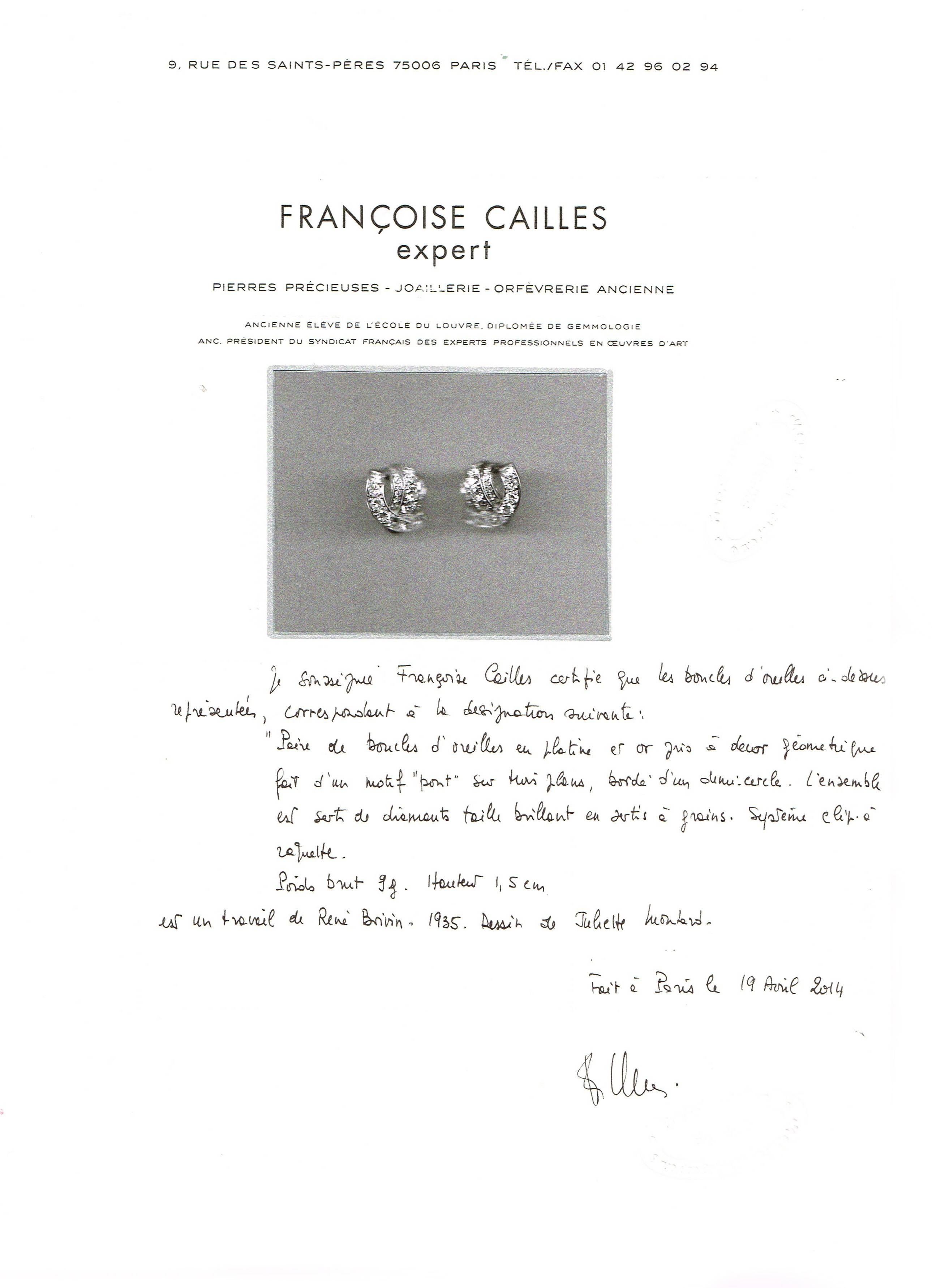 1935 Rene Boivin Diamond Platinum Earrings For Sale 1