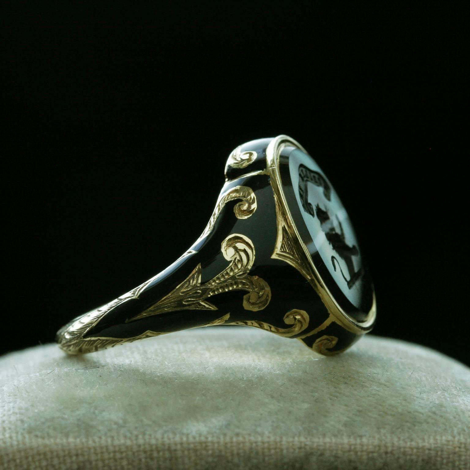 Victorian 1850s Enamel Banded Agate Gold Bishop of Lincoln Ring