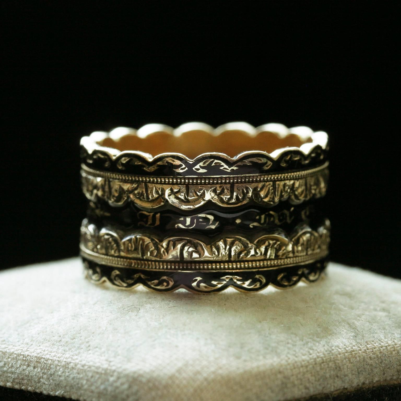 Black Enamel Wide Mourning Ring In Good Condition For Sale In New York, NY