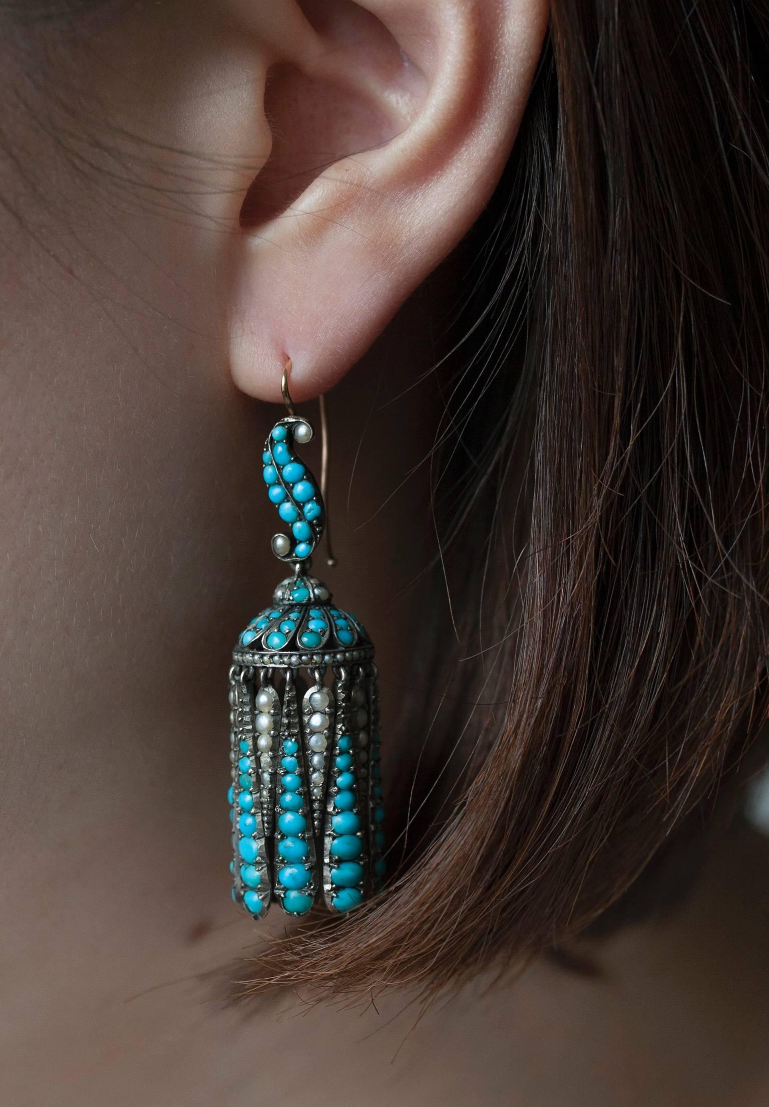 Victorian Turquoise and Pearl Fringe Earrings 1