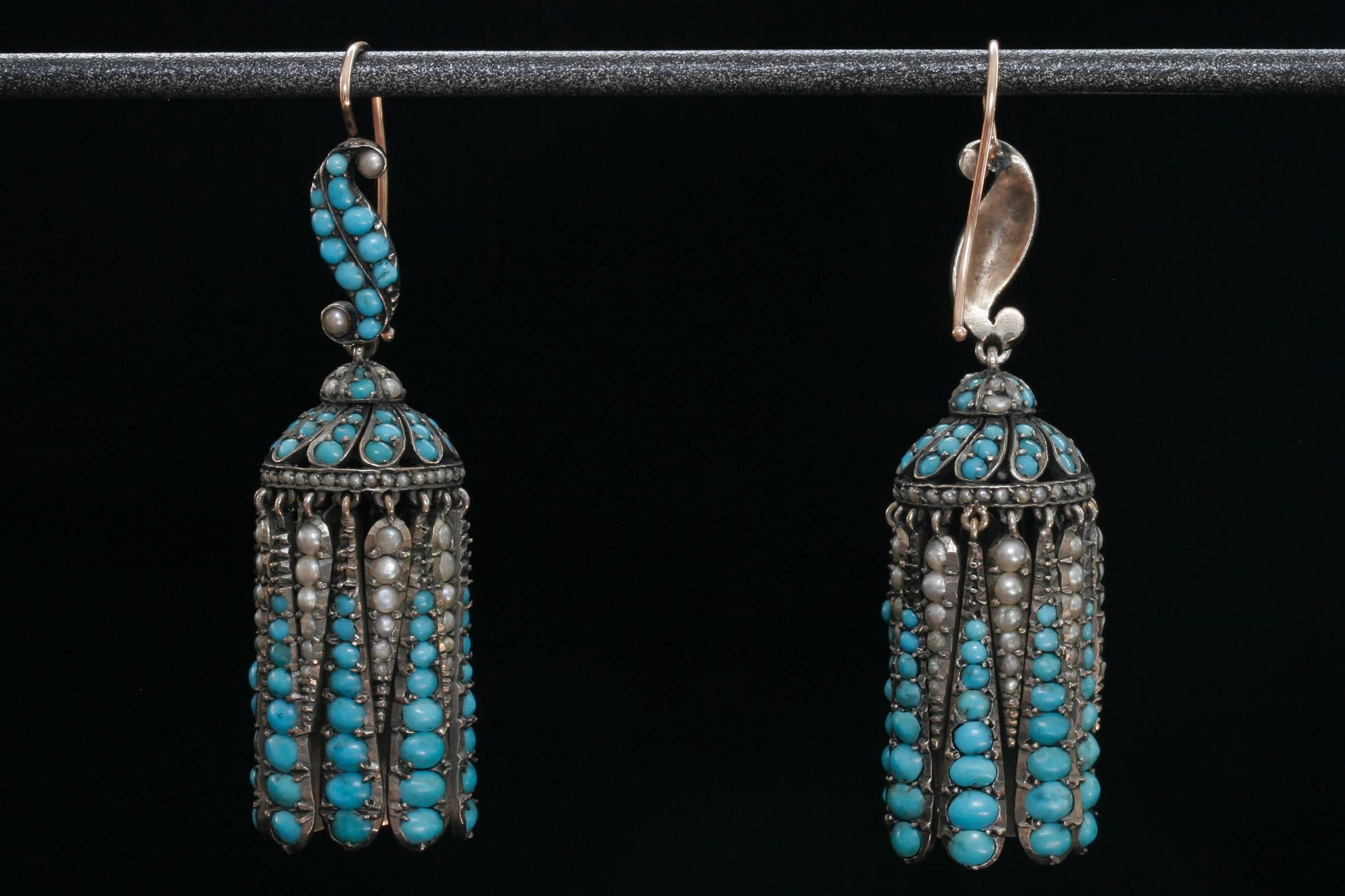Victorian Turquoise and Pearl Fringe Earrings In Excellent Condition In New York, NY