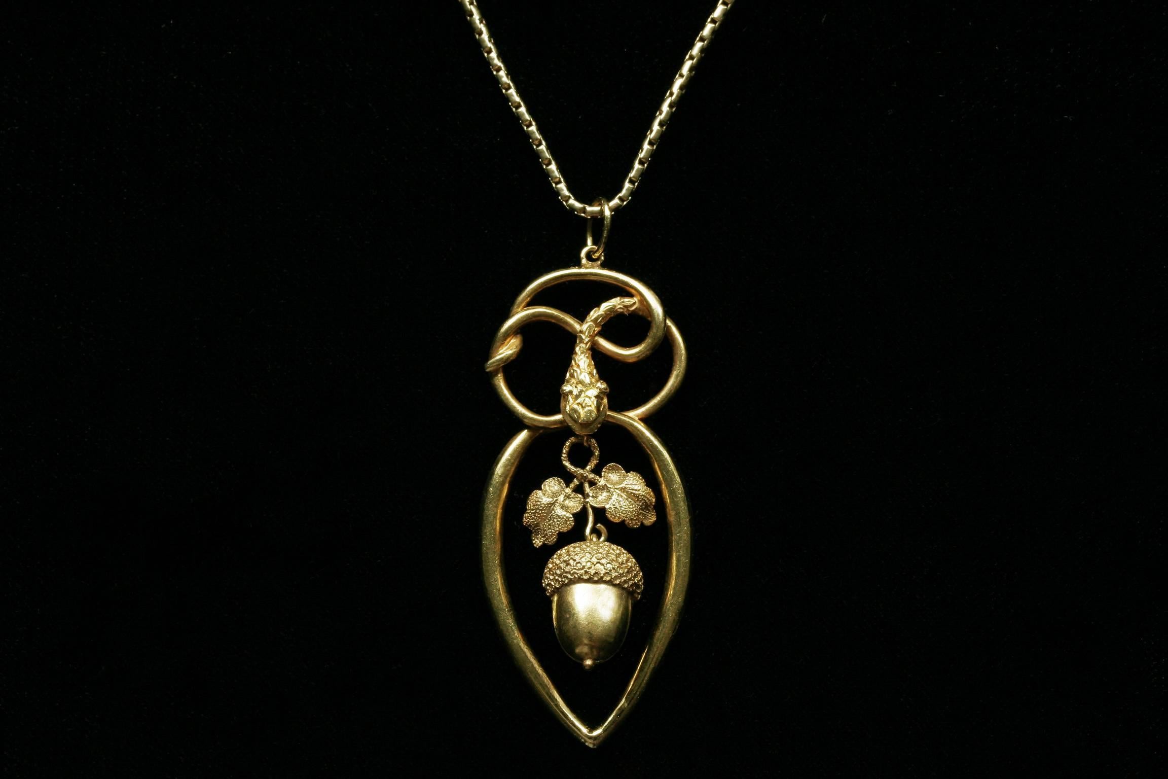 Victorian Serpent and Acorn Pendant with Chain In Good Condition In New York, NY