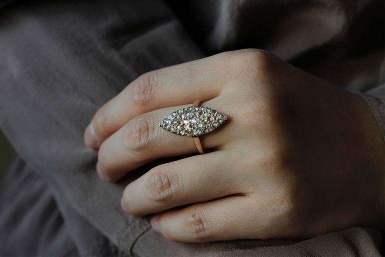 Victorian Rose Cut Diamond Gold Cluster Navette Ring For Sale at 1stDibs