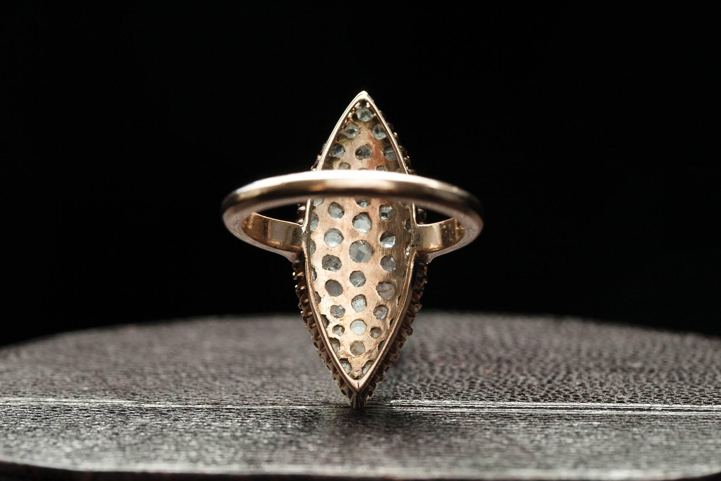 Women's or Men's Victorian Rose Cut Diamond Gold Cluster Navette Ring For Sale