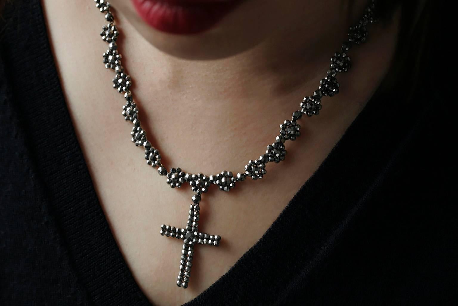 Victorian Cut Steel Necklace with Cross Pendant For Sale 2