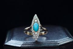 Victorian Navette Ring with Turquoise Cabochon and Diamond