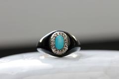 1900s Black Enamel Turquoise Diamond Gold Ring