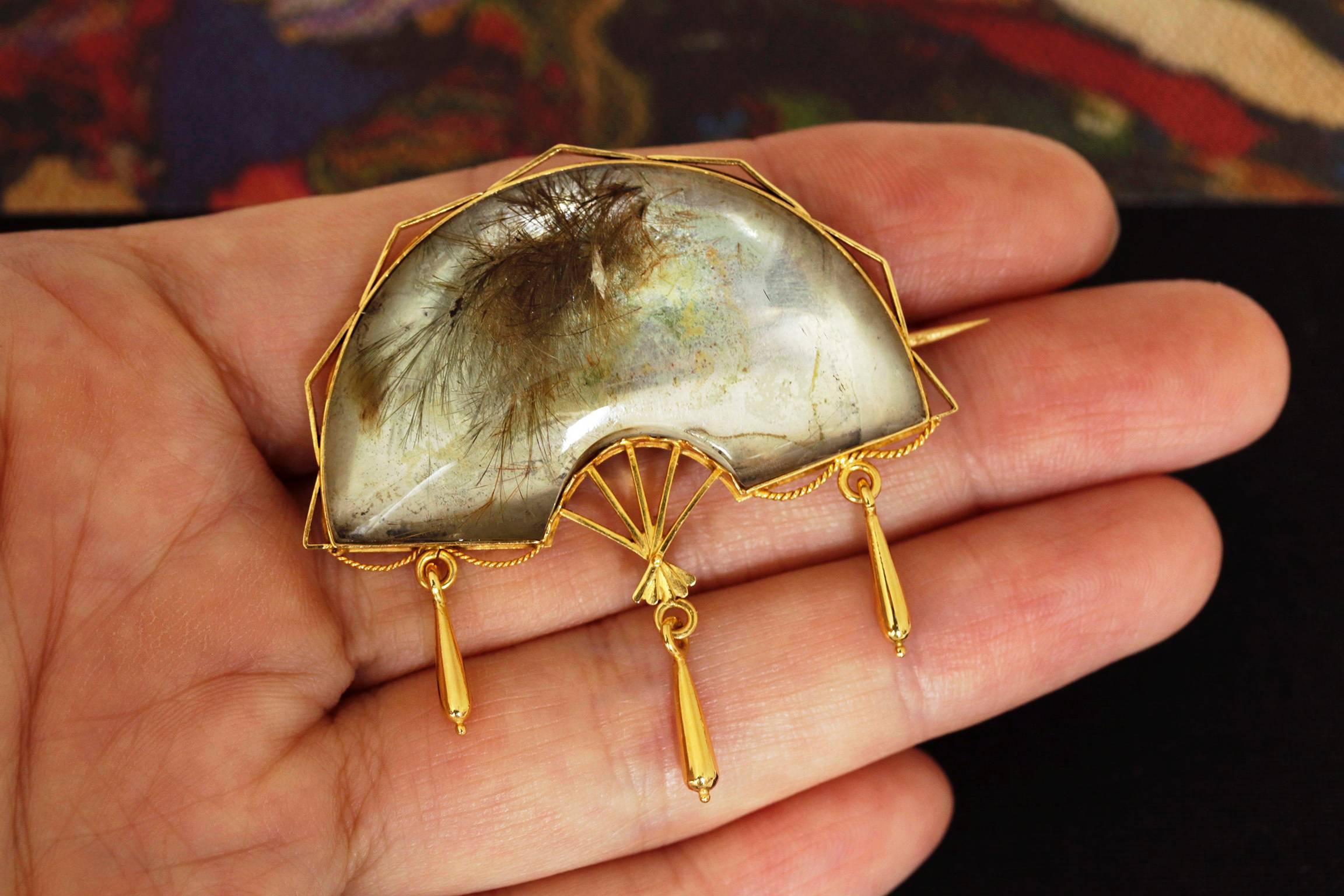 Women's or Men's Victorian Rutilated Quartz Fan Brooch For Sale