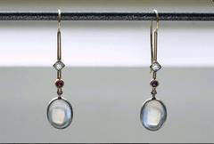 Edwardian 'Skate-Blade' Earrings with Moonstone, Diamond and Ruby