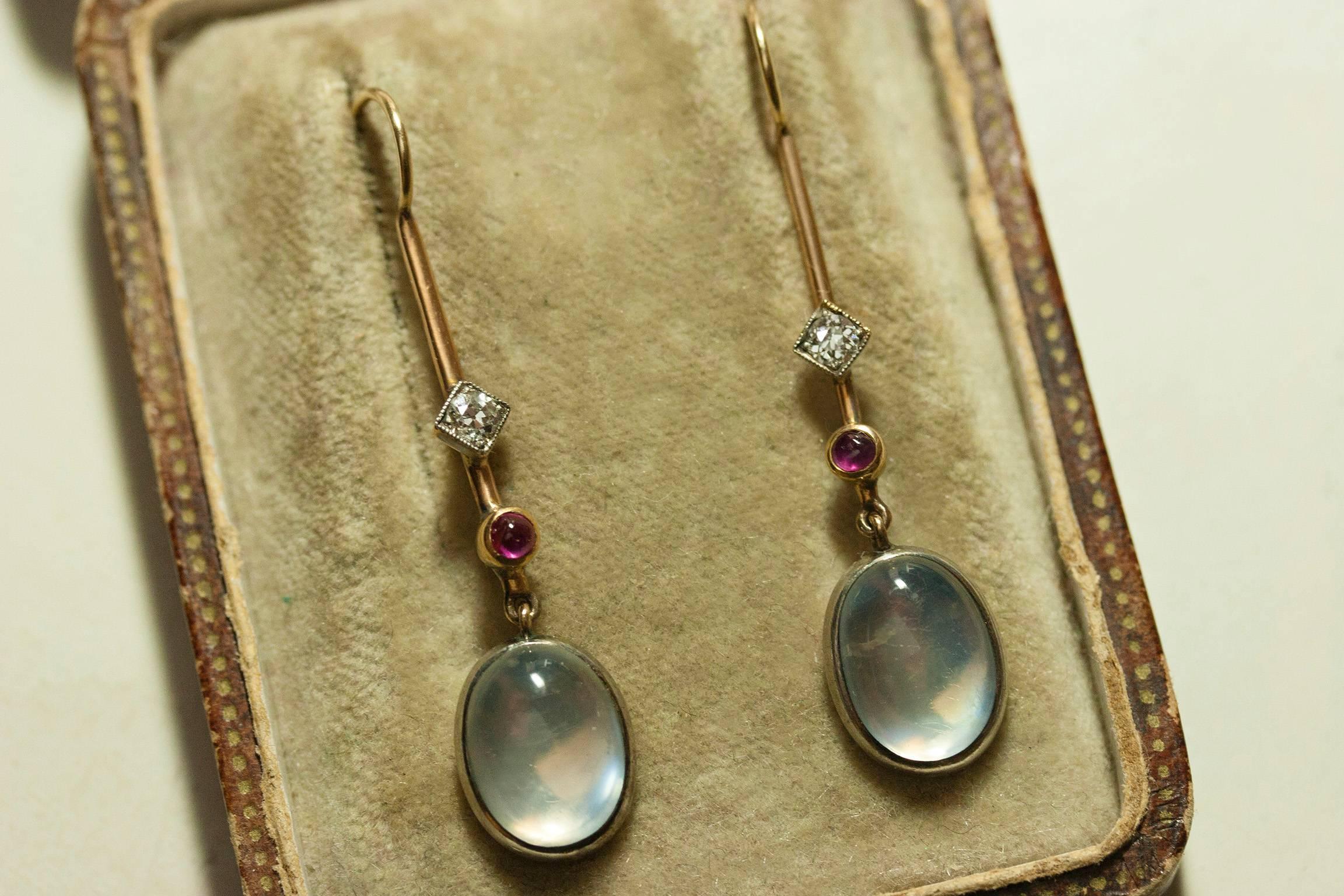 Women's Edwardian 'Skate-Blade' Earrings with Moonstone, Diamond and Ruby For Sale