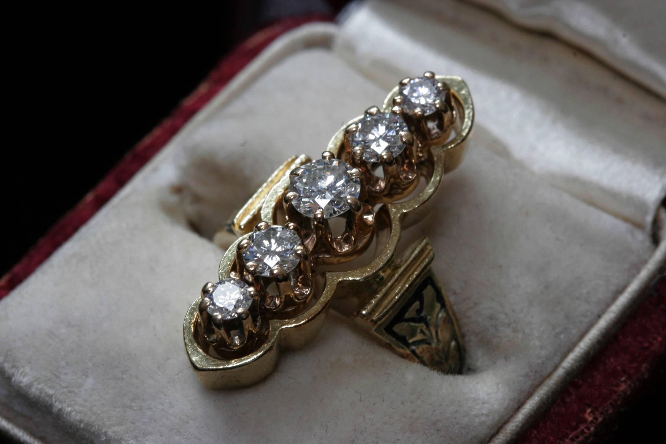 Diamond and Enamel Navette Ring For Sale 1