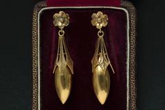 Victorian Gold Torpedo Earrings with Flower Top