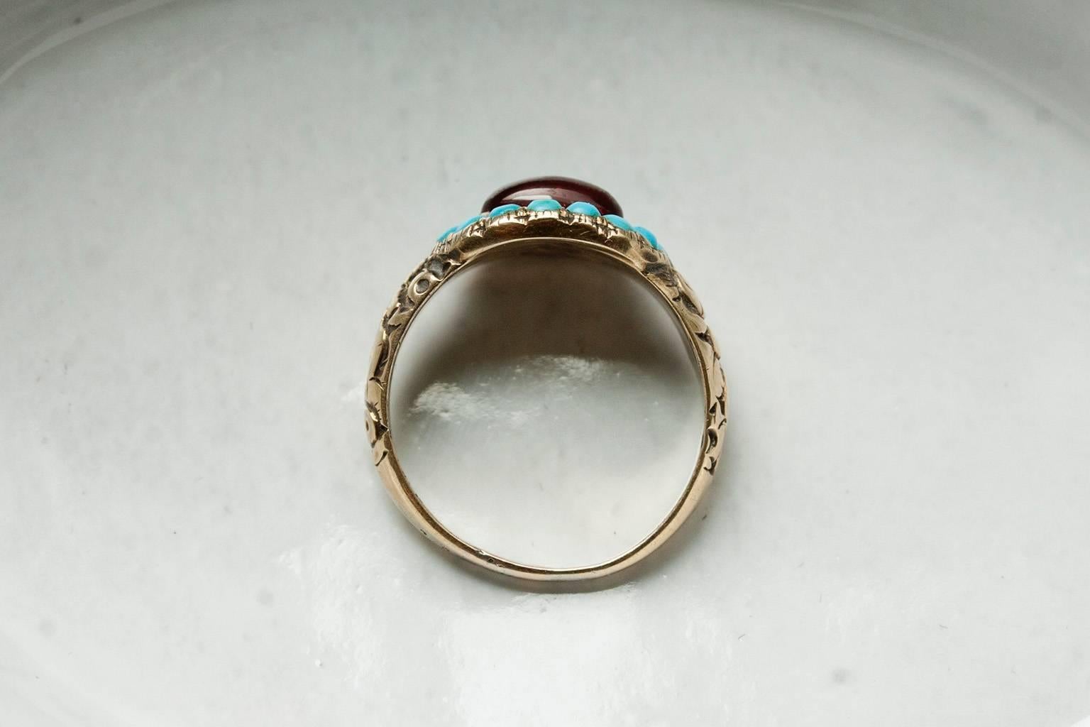 Georgian Turquoise and Garnet Cabochon Ring In Excellent Condition For Sale In New York, NY
